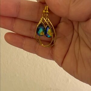 Gold Teardrop Earrings with Blue-Green Faceted Crystal